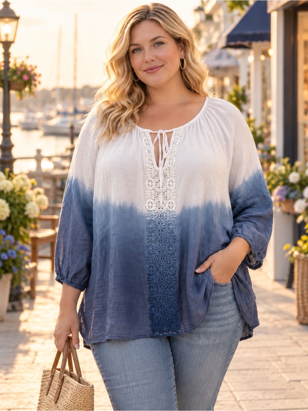 NWT I.N. Studio Blue Ombre Boho Peasant Top Lace-Up Front Flowy Blouse 2X Plus